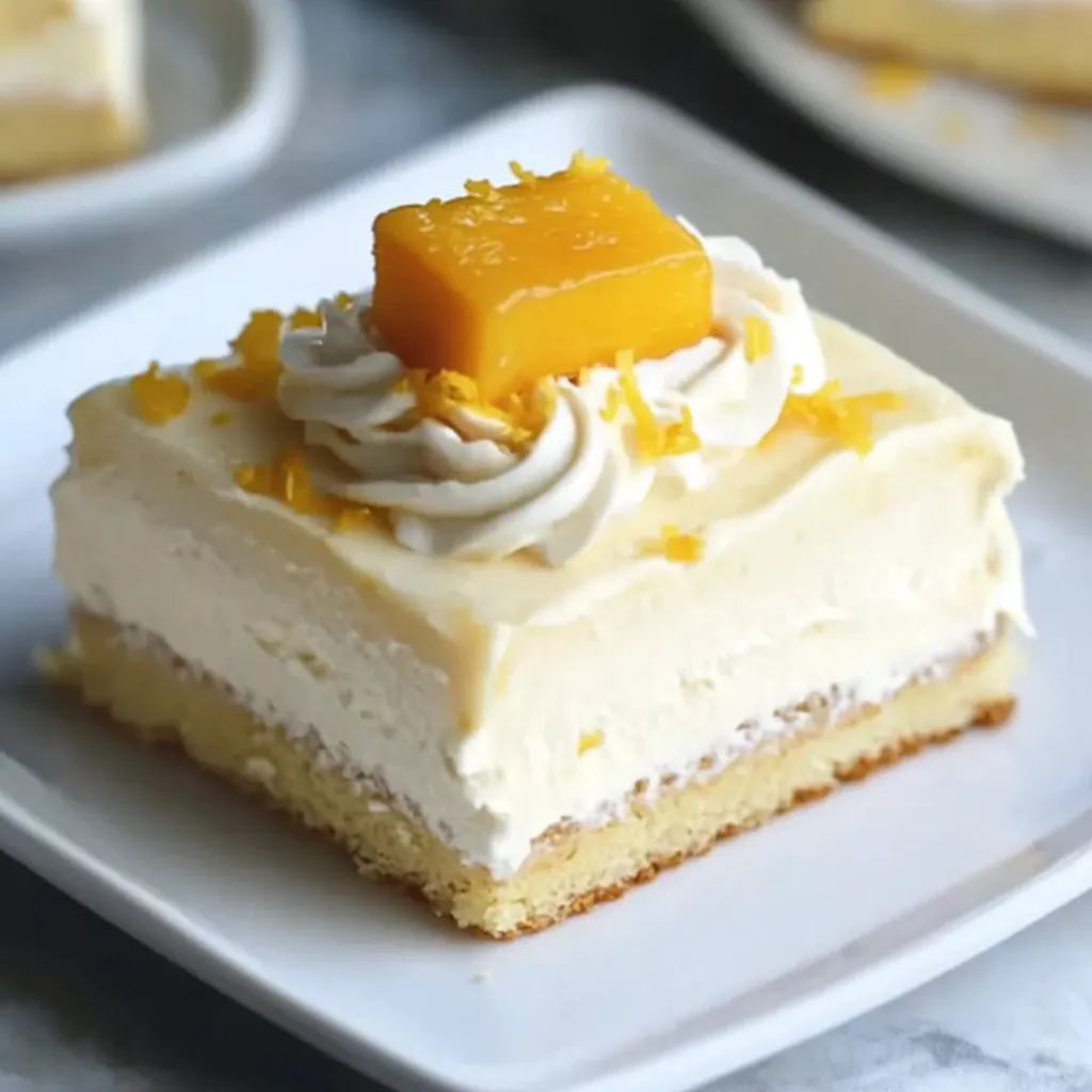 A slice of cake with orange and white icing.