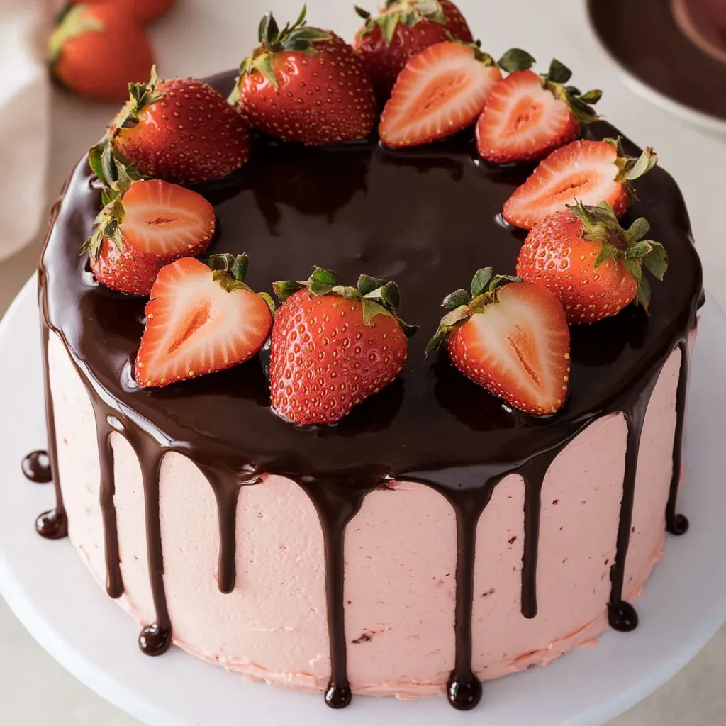 A chocolate cake with strawberries on top.