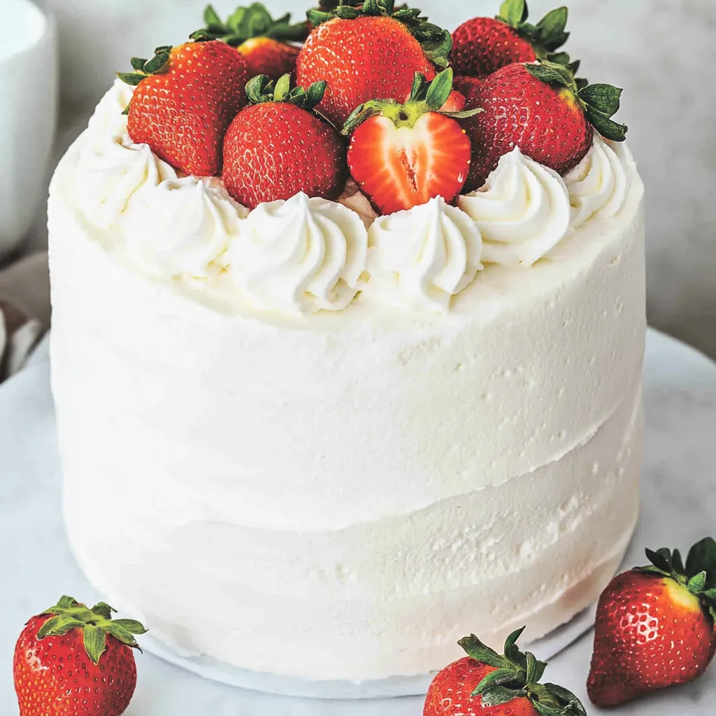 A cake with white frosting and strawberries on top.