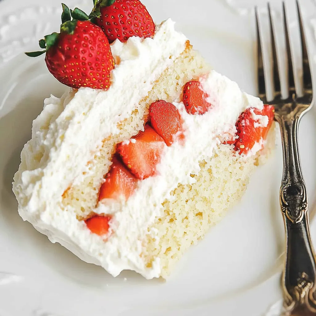 A slice of cake with strawberries on top.