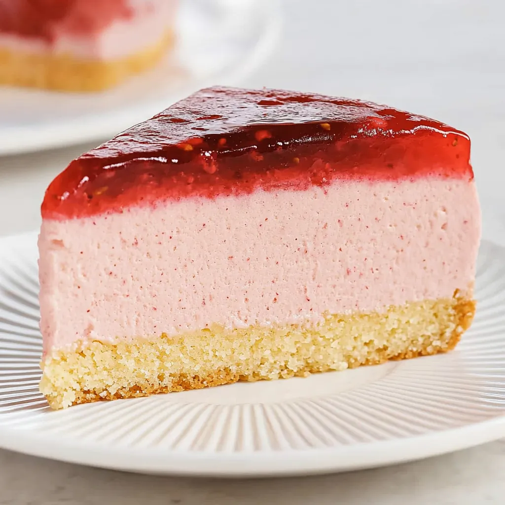 A slice of pink cake with a white plate.