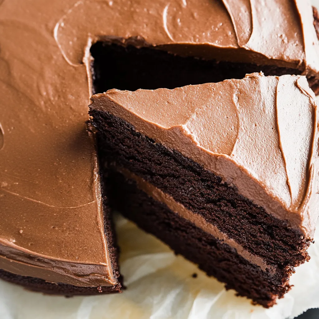 A slice of chocolate cake on a white plate.