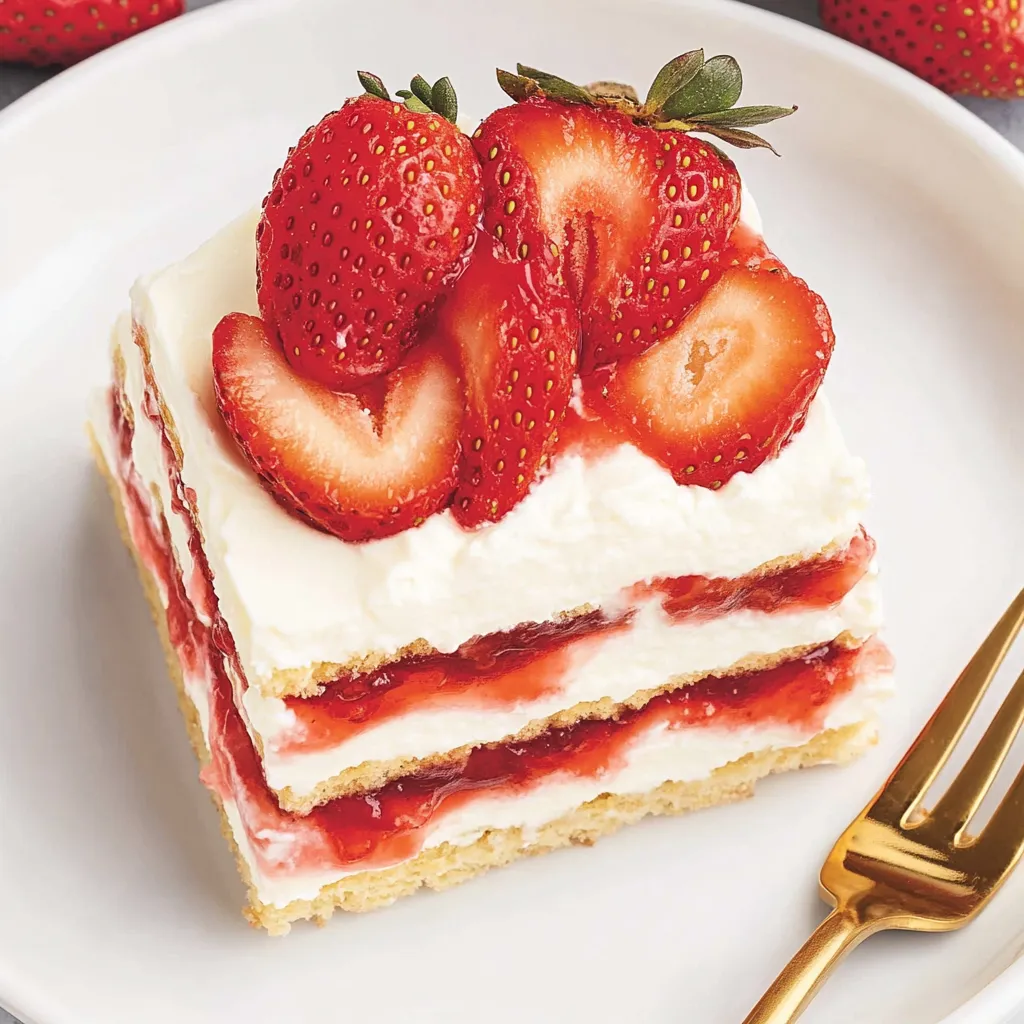 A slice of cake with strawberries on top.