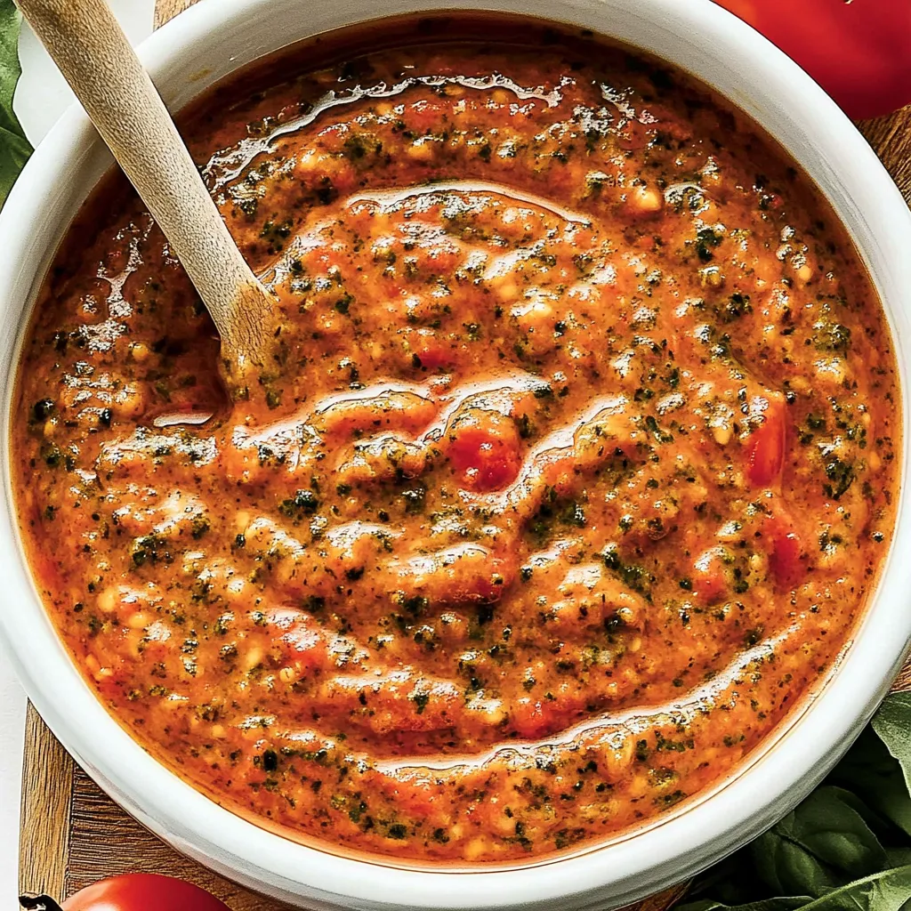 A bowl of red sauce with a spoon in it.