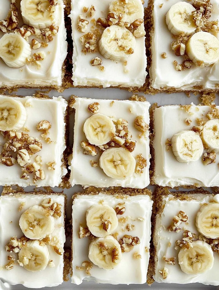 A square of cake with banana slices on top.