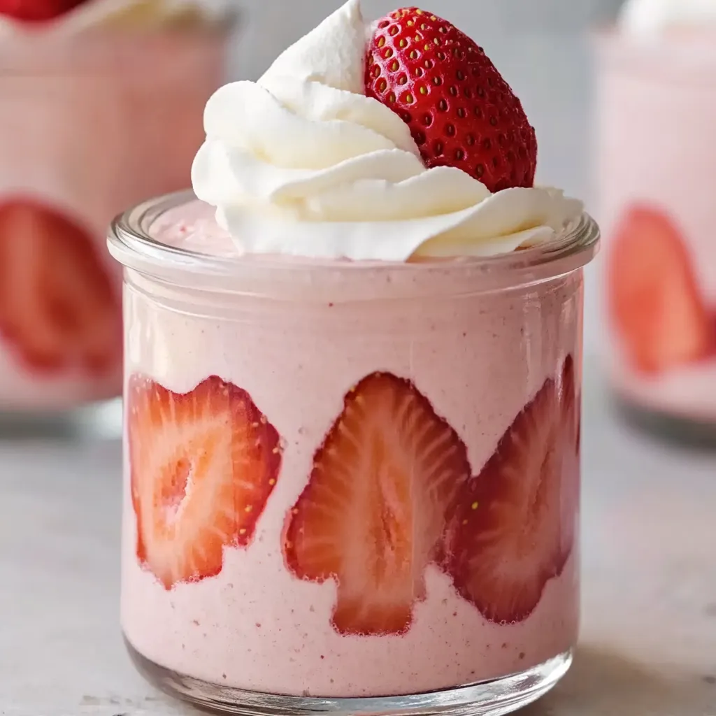 A glass of strawberry shortcake with whipped cream.