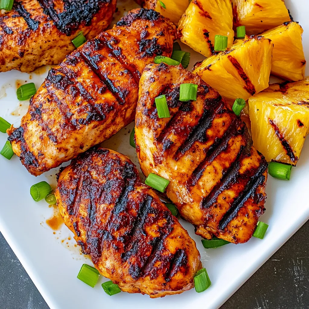 A plate of grilled chicken with pineapple and green onions.