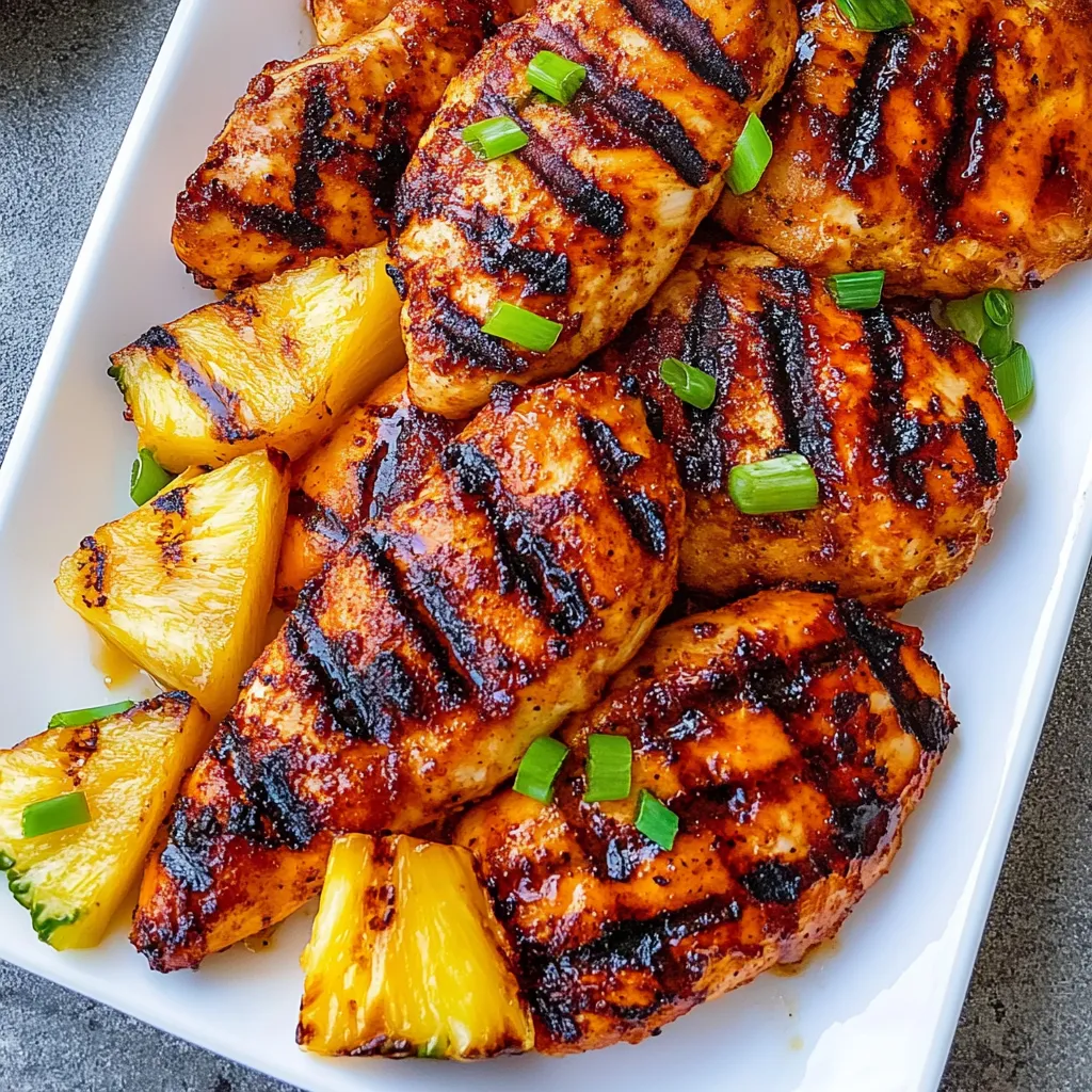 A plate of grilled chicken with pineapple slices.