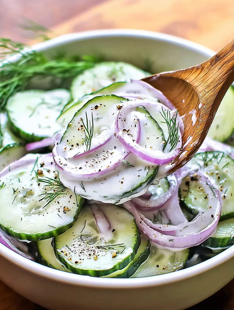 A wooden spoon is scooping up sliced cucumbers.