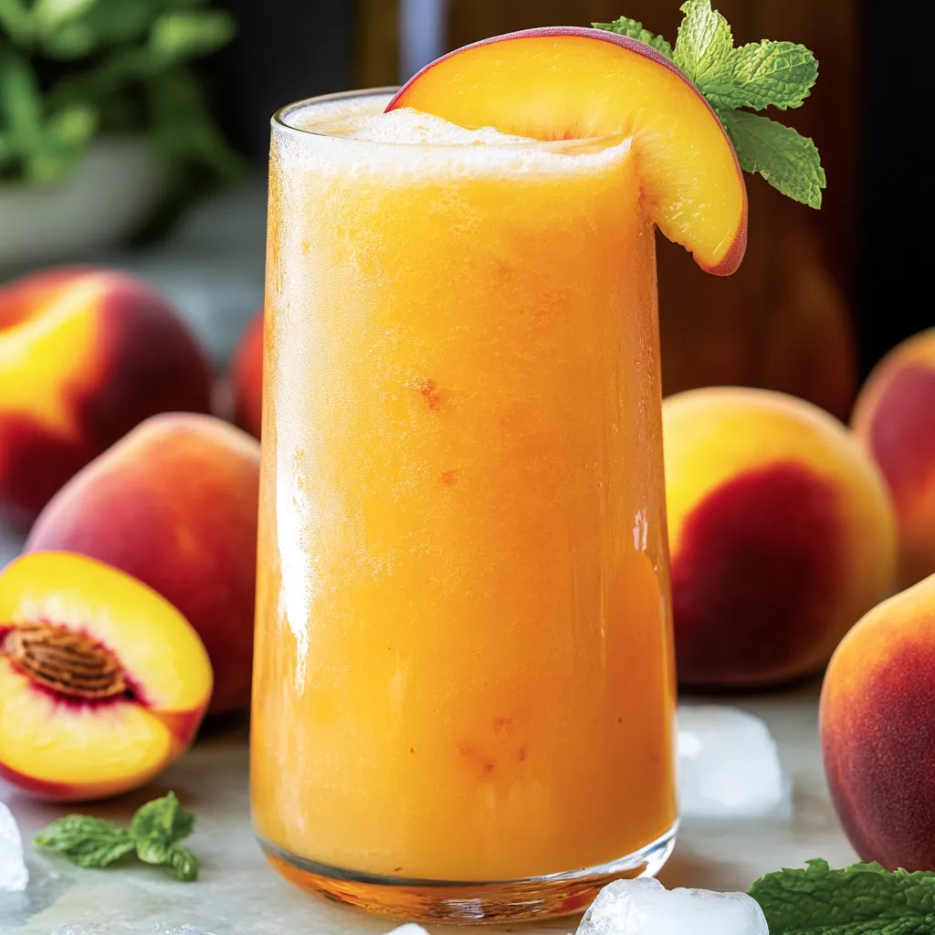 A glass of orange juice with a peach slice on top.
