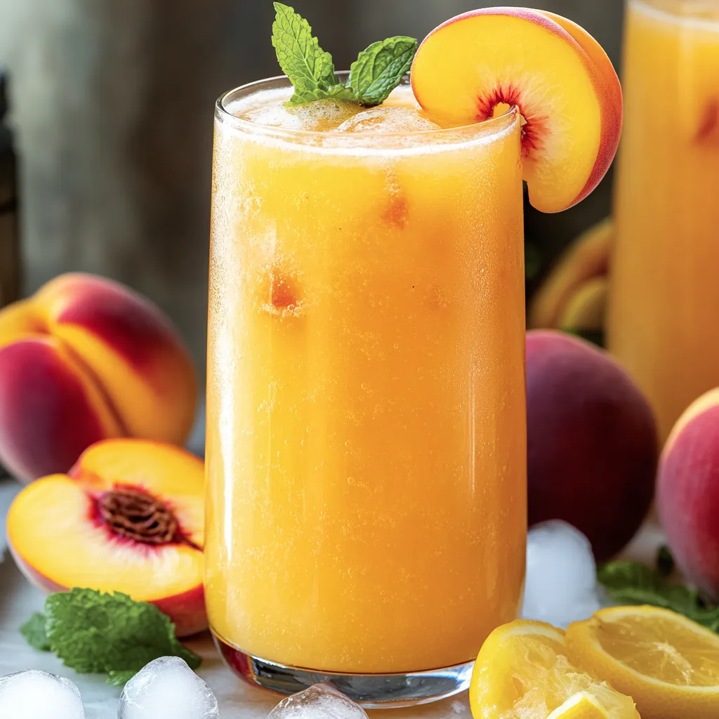 A glass of orange juice with peaches and mint.