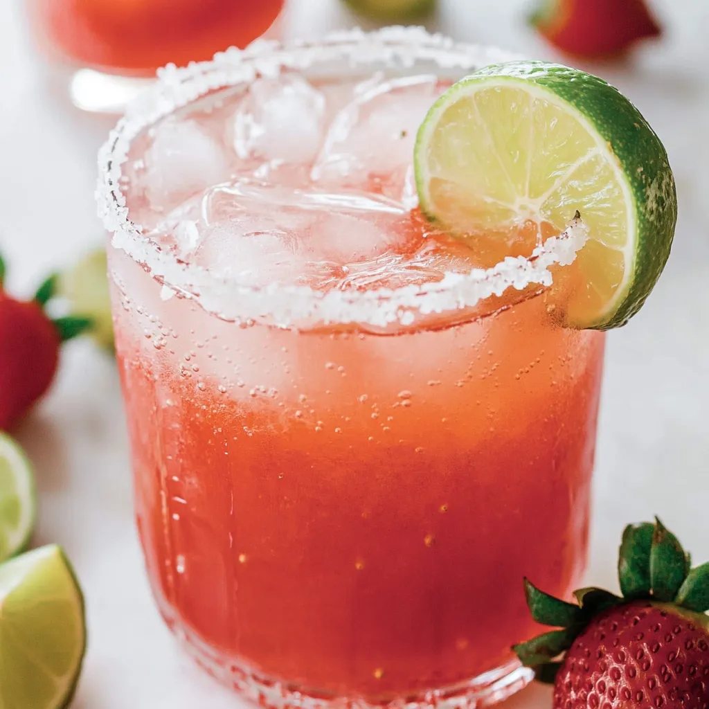A glass of pink drink with a slice of lime and strawberry.