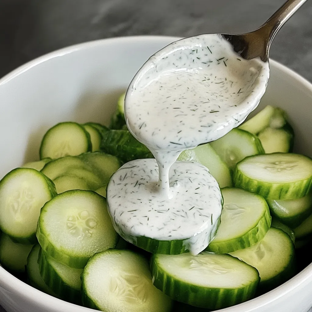 A bowl of cucumbers with a spoon in it.