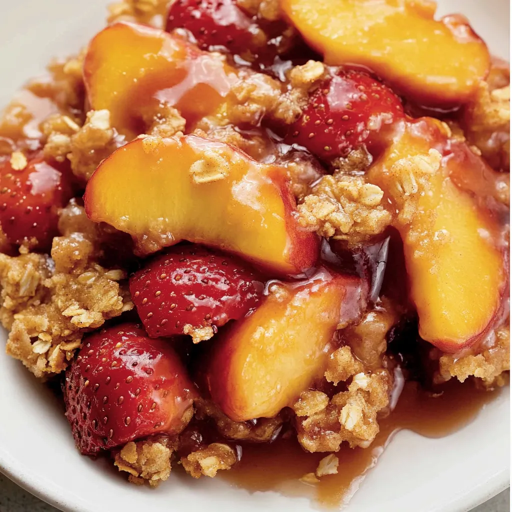 A bowl of fruit with strawberries and peaches.