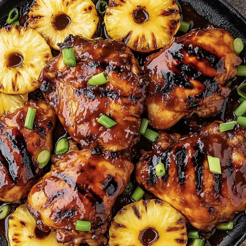 A pan of chicken with pineapple slices.