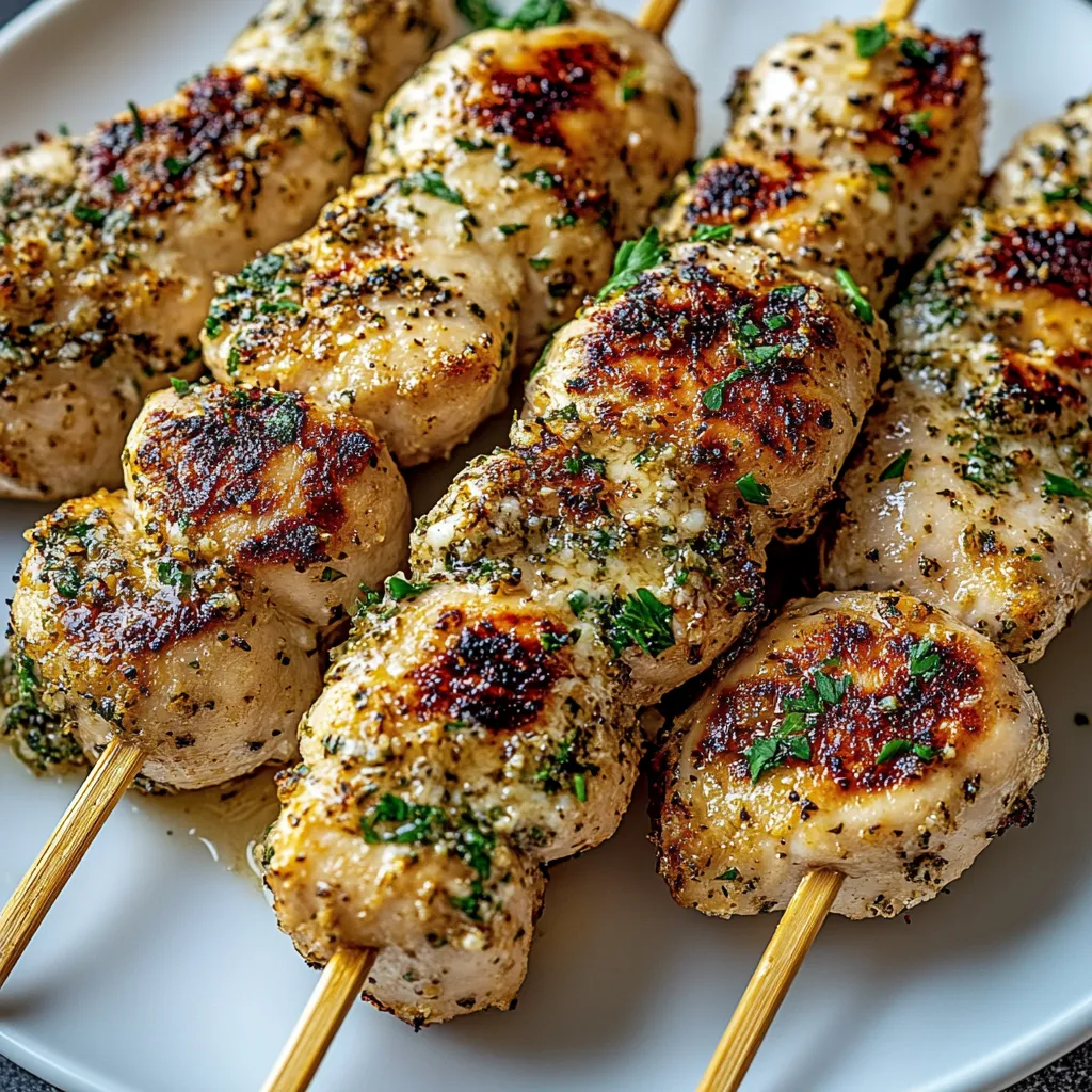 A plate of chicken skewers with a green topping.