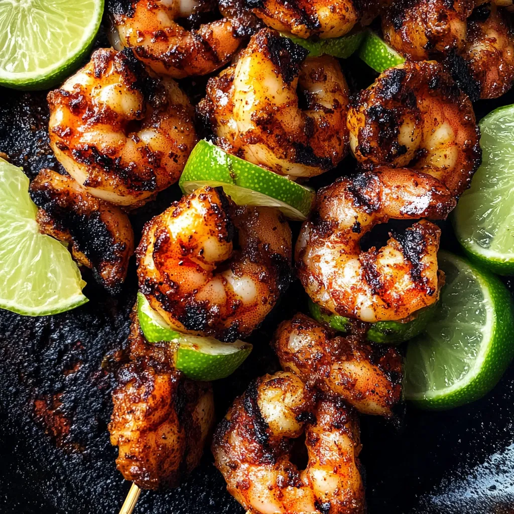 Shrimp on a stick with lime wedges.