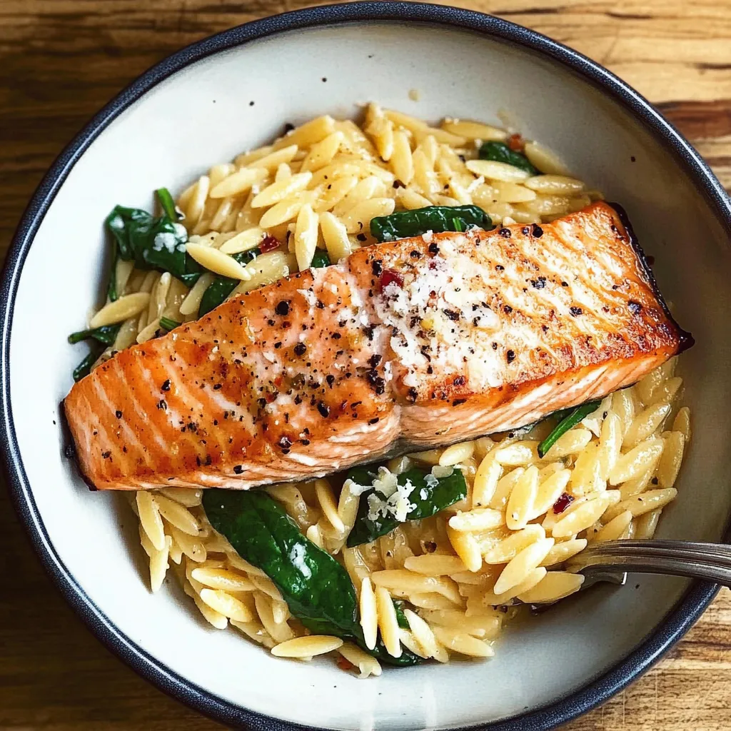 A bowl of pasta with salmon and green vegetables.