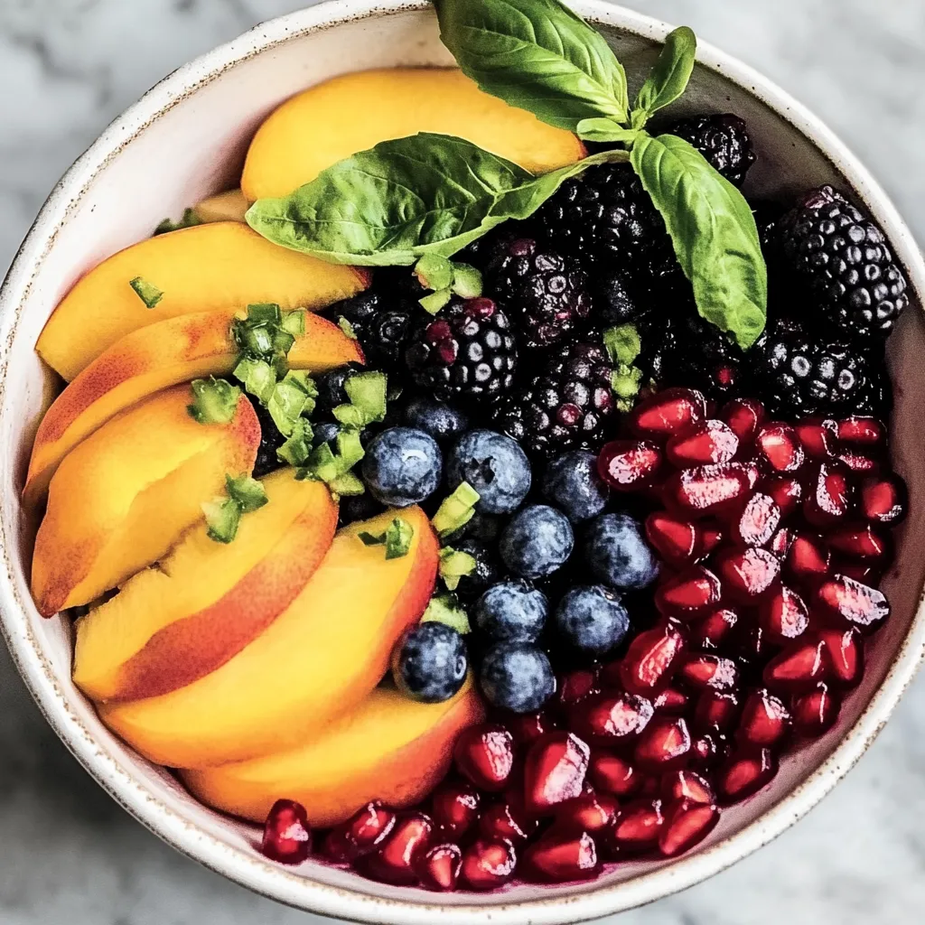 A bowl of fruit with blueberries, raspberries, peaches, and basil.