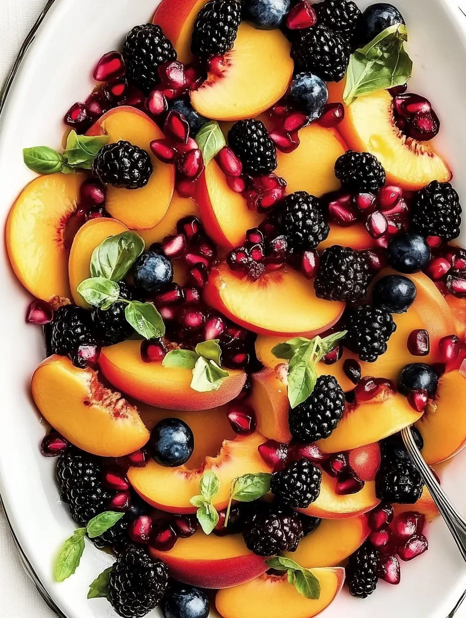 A bowl of fruit with blueberries, blackberries, peaches, and raspberries.