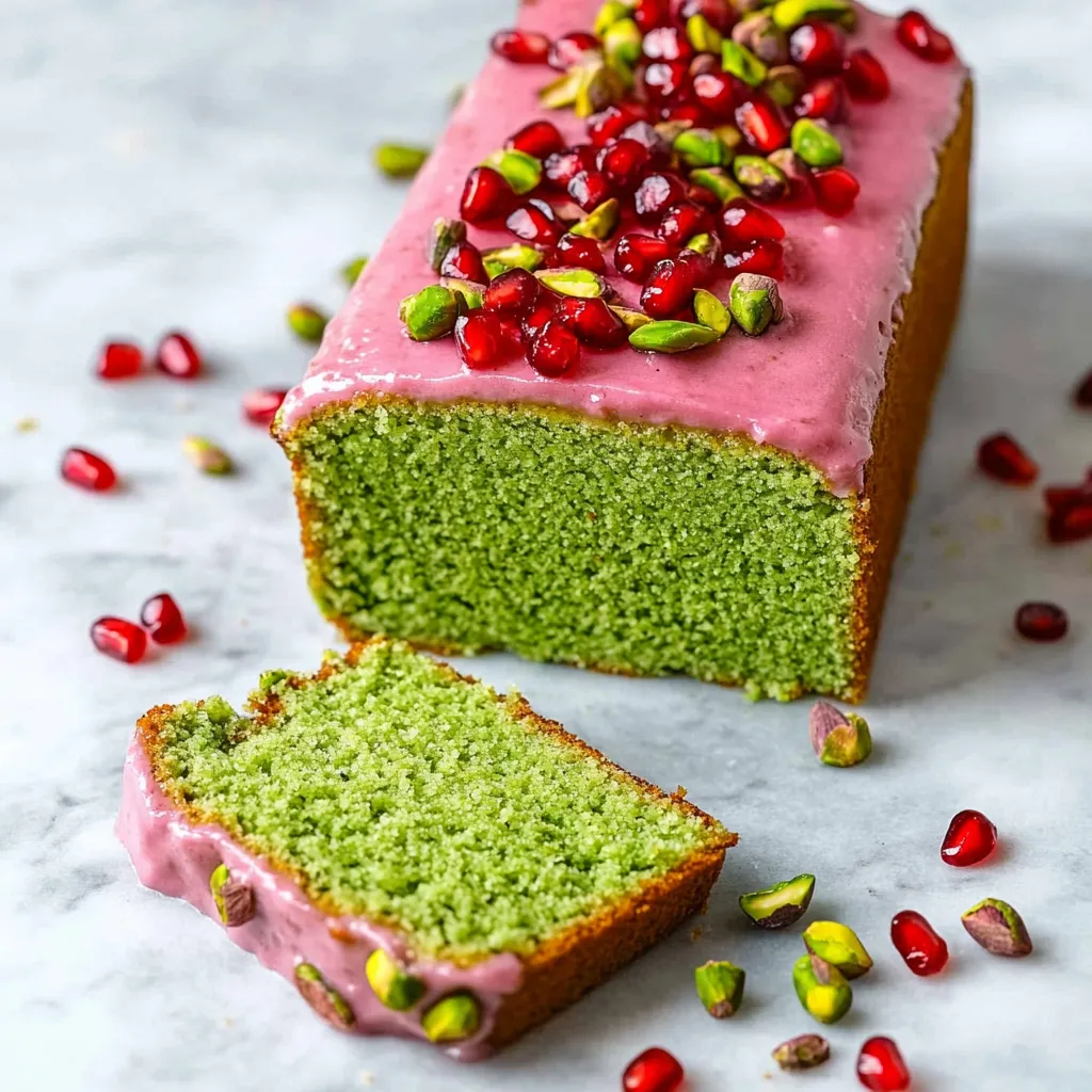 A slice of green and pink cake with pomegranate seeds on top.