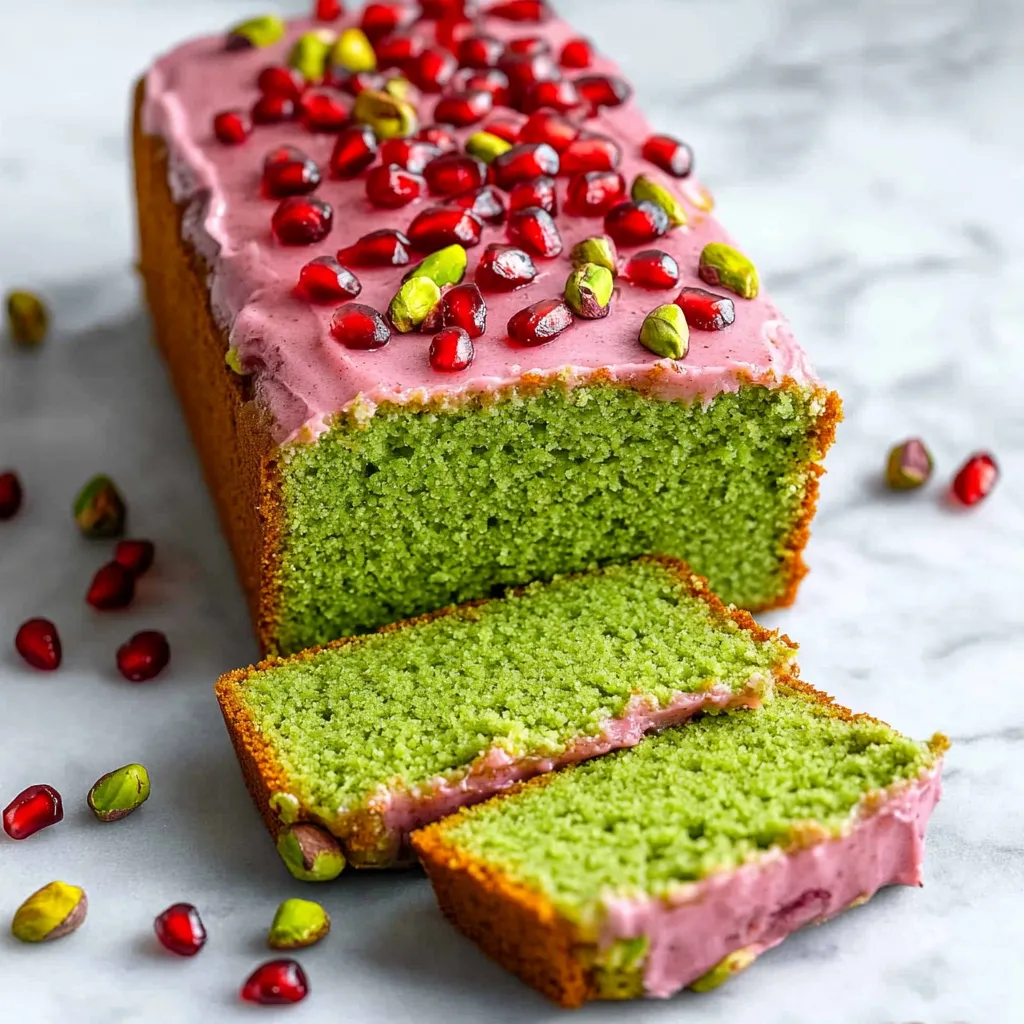 A slice of pink and green cake with pomegranate seeds.