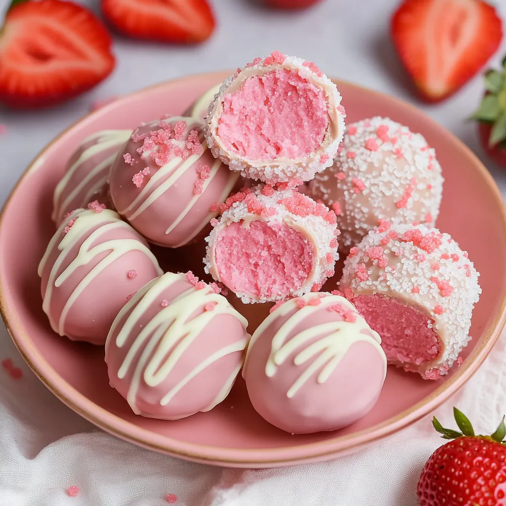 A plate of pink and white frosted cake balls.