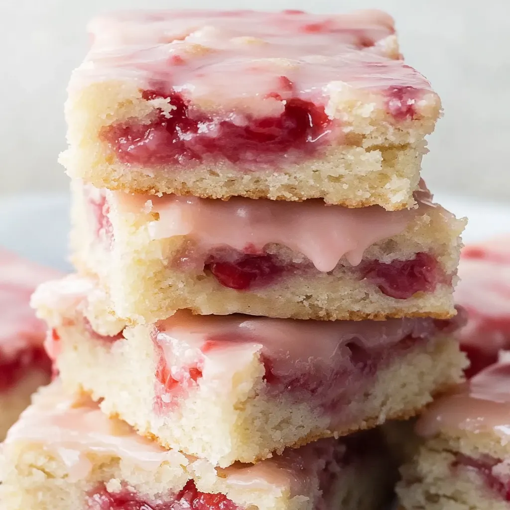A stack of cake with white frosting and red berries.