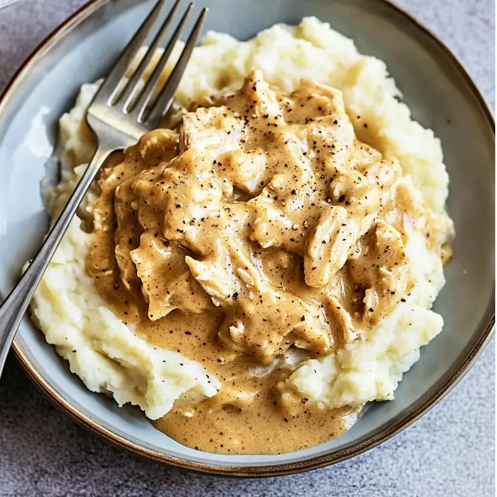 A plate of food with mashed potatoes and gravy.