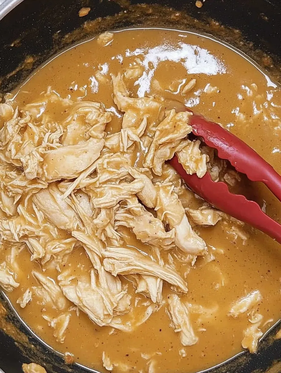 A spoon is in a bowl of chicken.