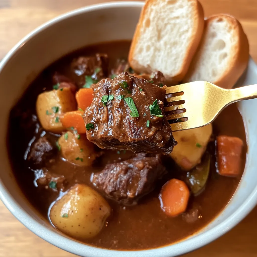 A bowl of stew with a fork in it.