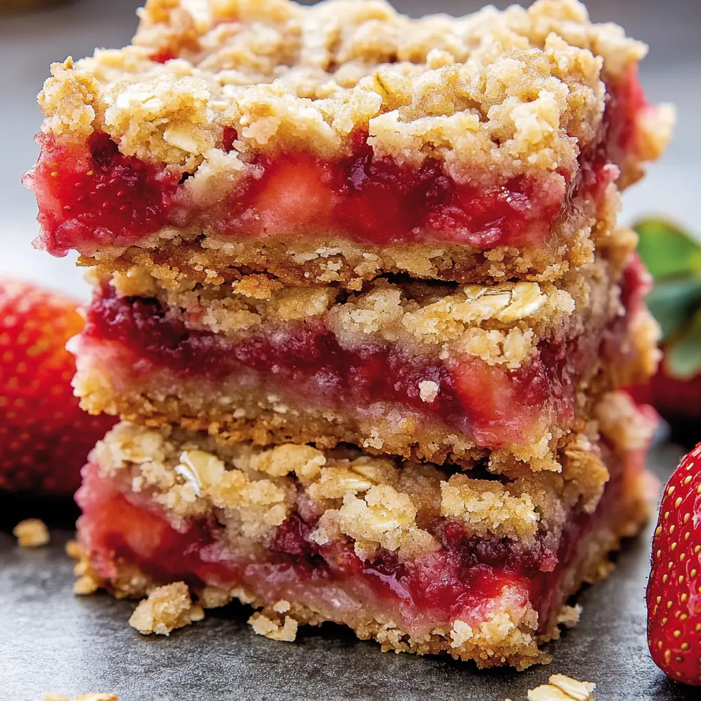 A stack of three bars of cake with strawberries on top.