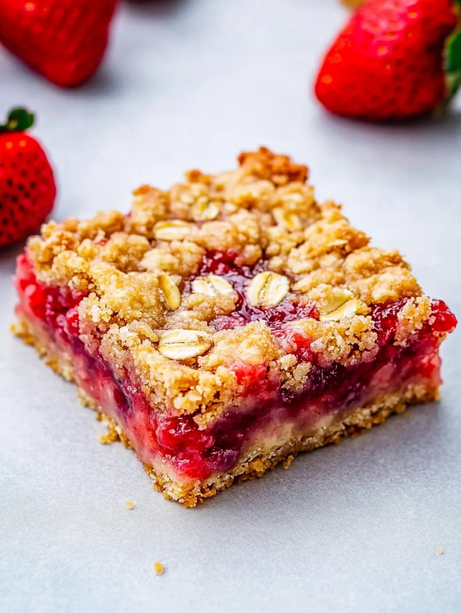 A square of cake with strawberries on top.