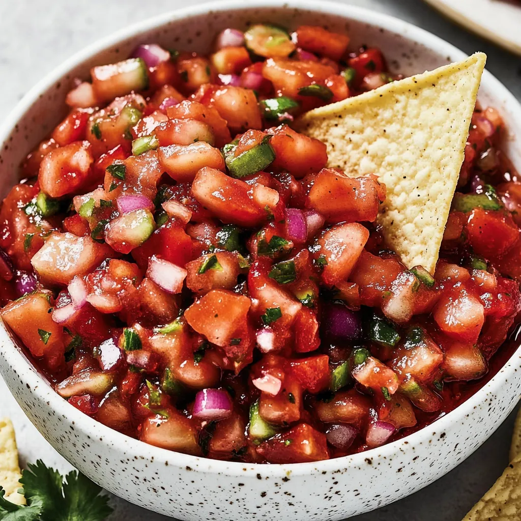 A bowl of salsa with a tortilla chip on top.