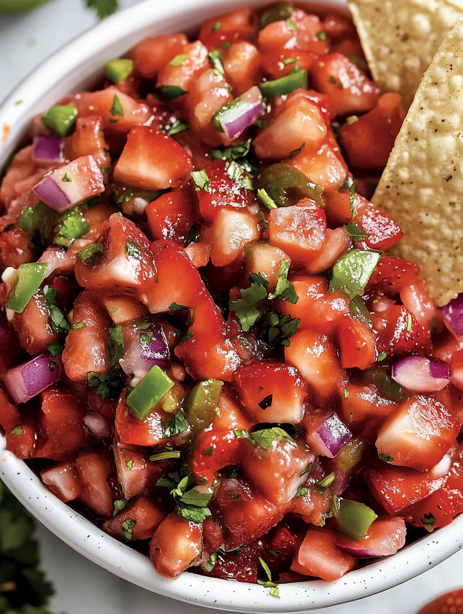A bowl of salsa with chips on the side.