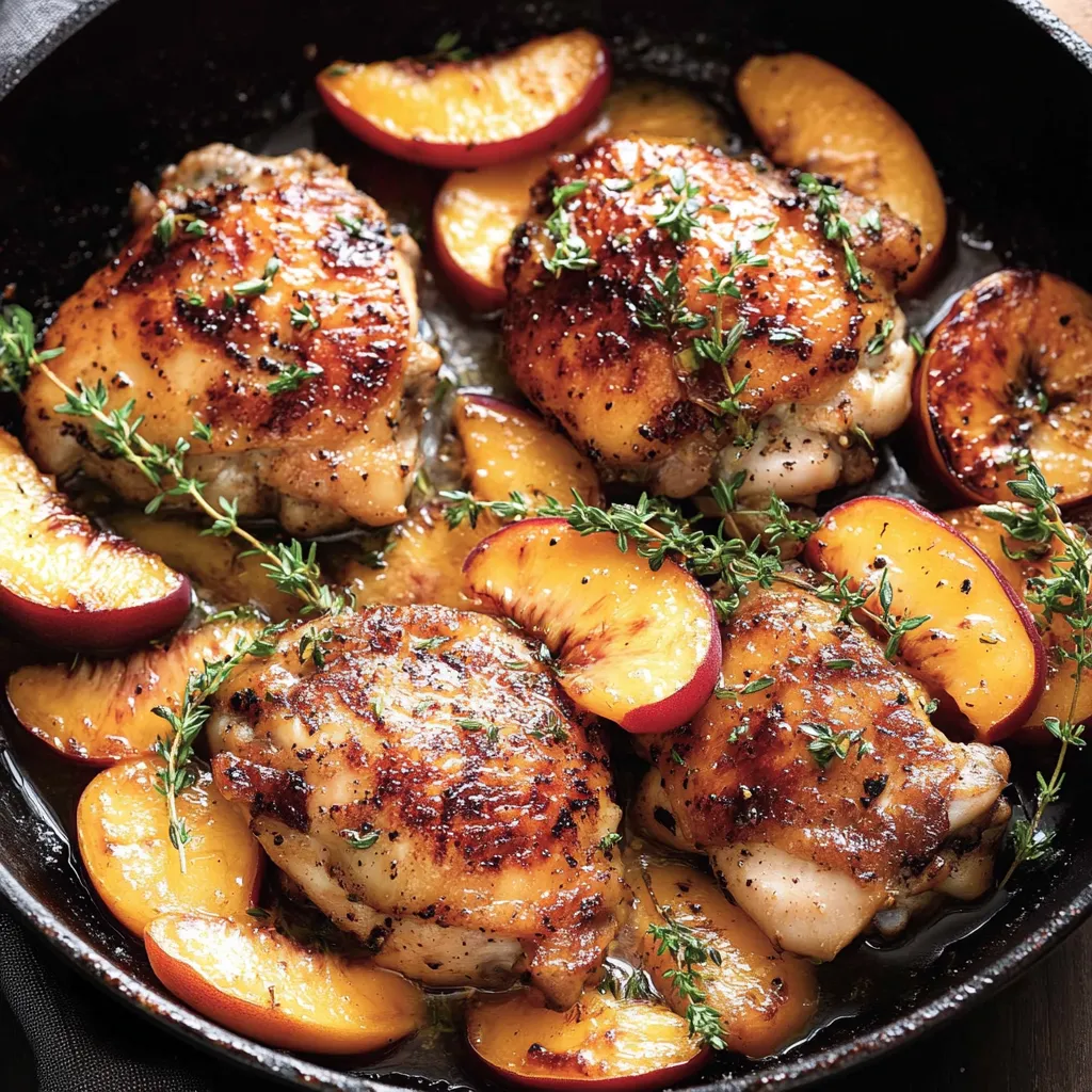 A pan of chicken with herbs and peaches.