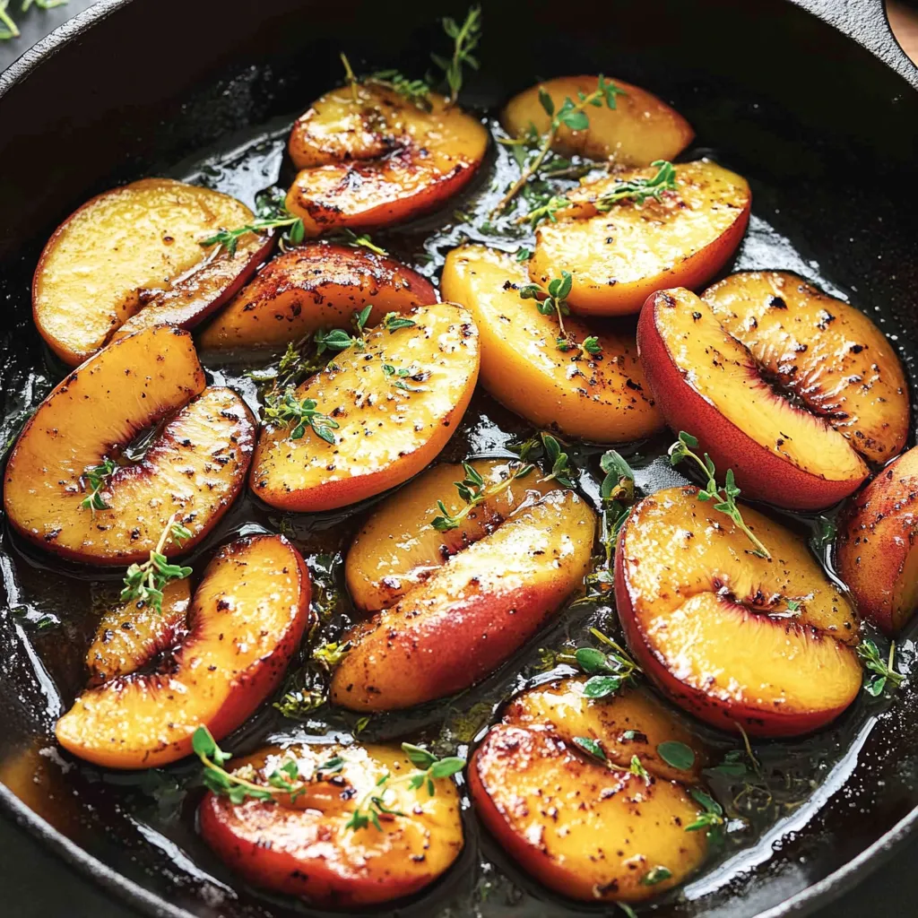 A pan of peaches with herbs and spices.