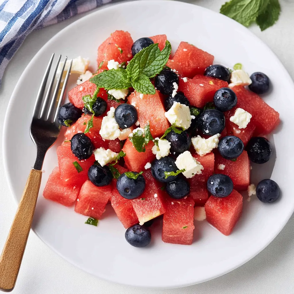 A plate of watermelon with blueberries and feta cheese.