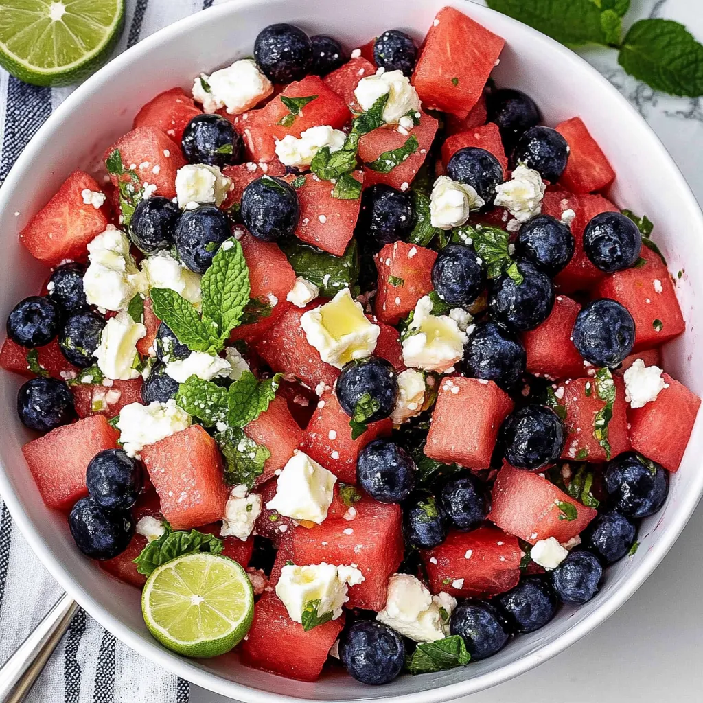 A bowl of fruit with blueberries, watermelon, and limes.