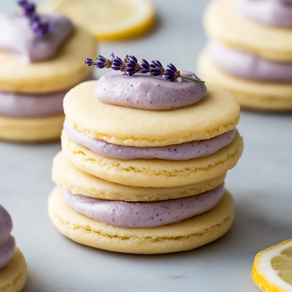 A stack of cookies with purple frosting and lemon wedges on top.
