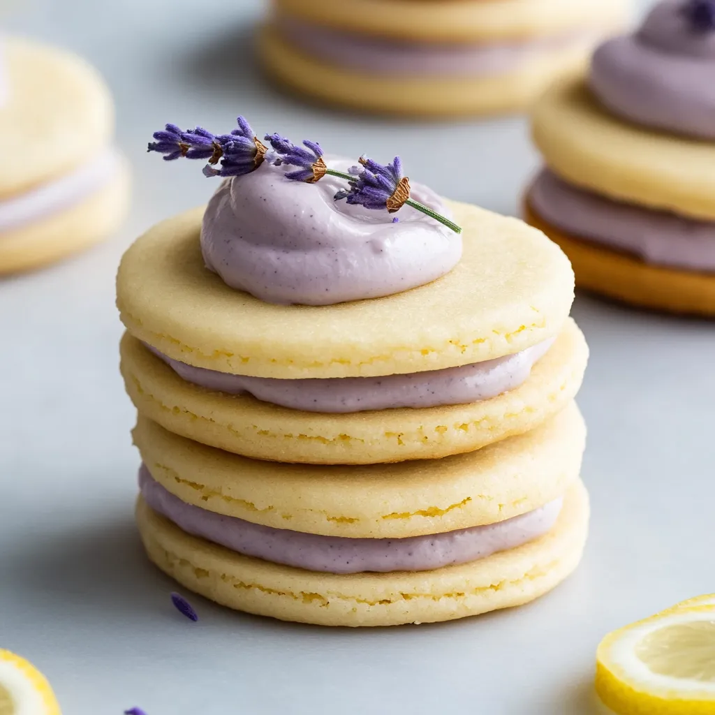 A stack of cookies with purple icing and lavender sprinkles.