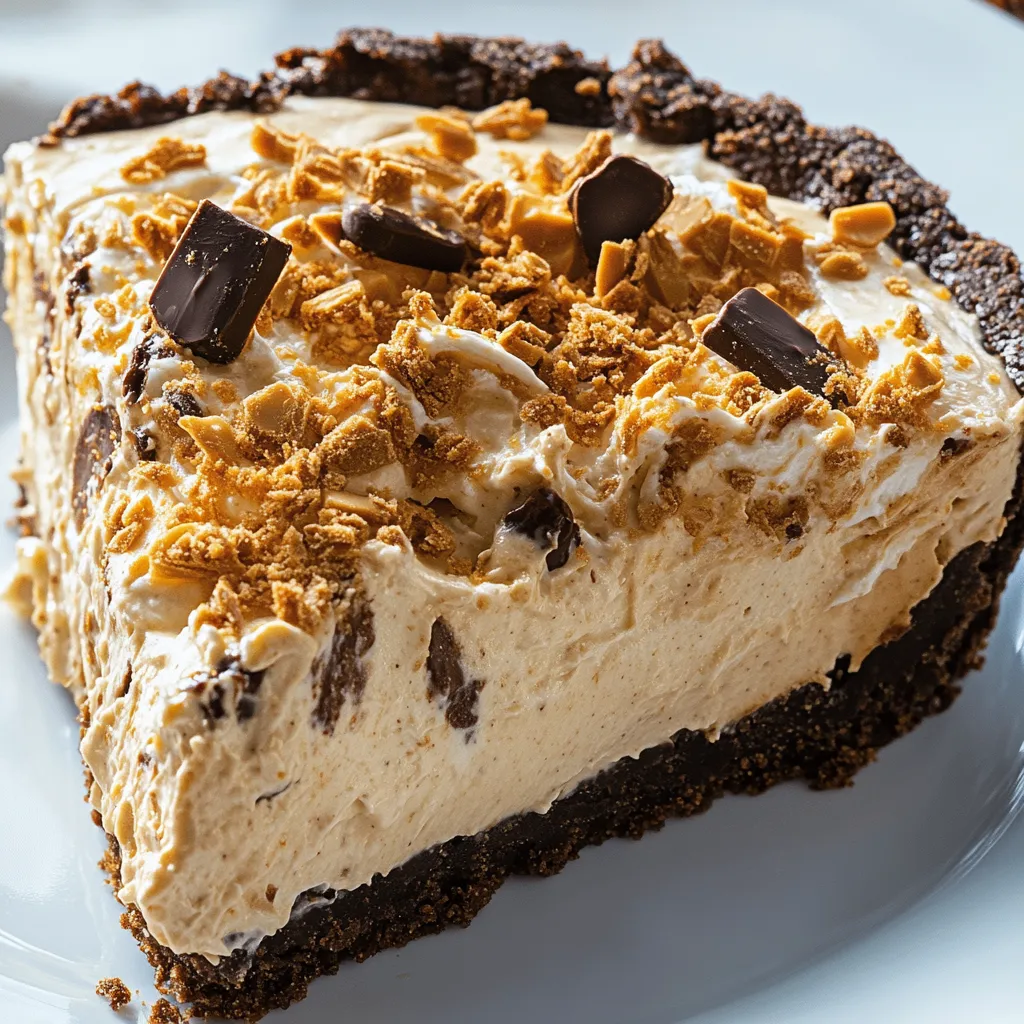 A slice of pie with chocolate and nuts on top.