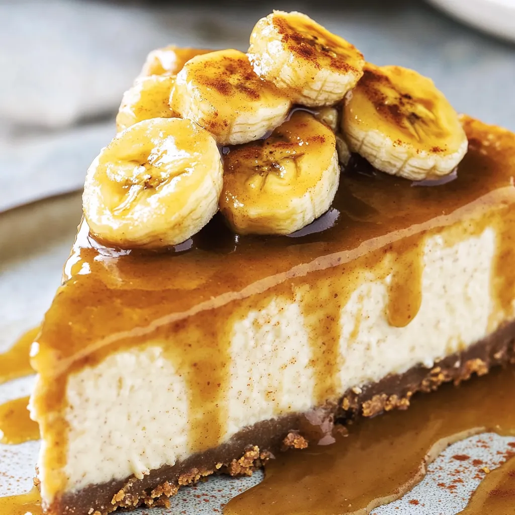 A slice of cheesecake with bananas on top.