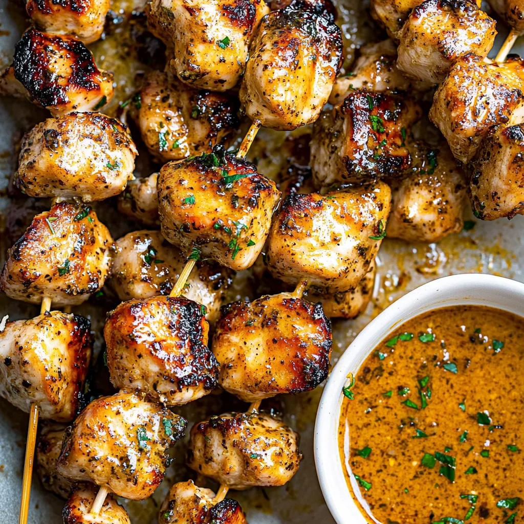 A bowl of sauce next to a plate of chicken skewers.