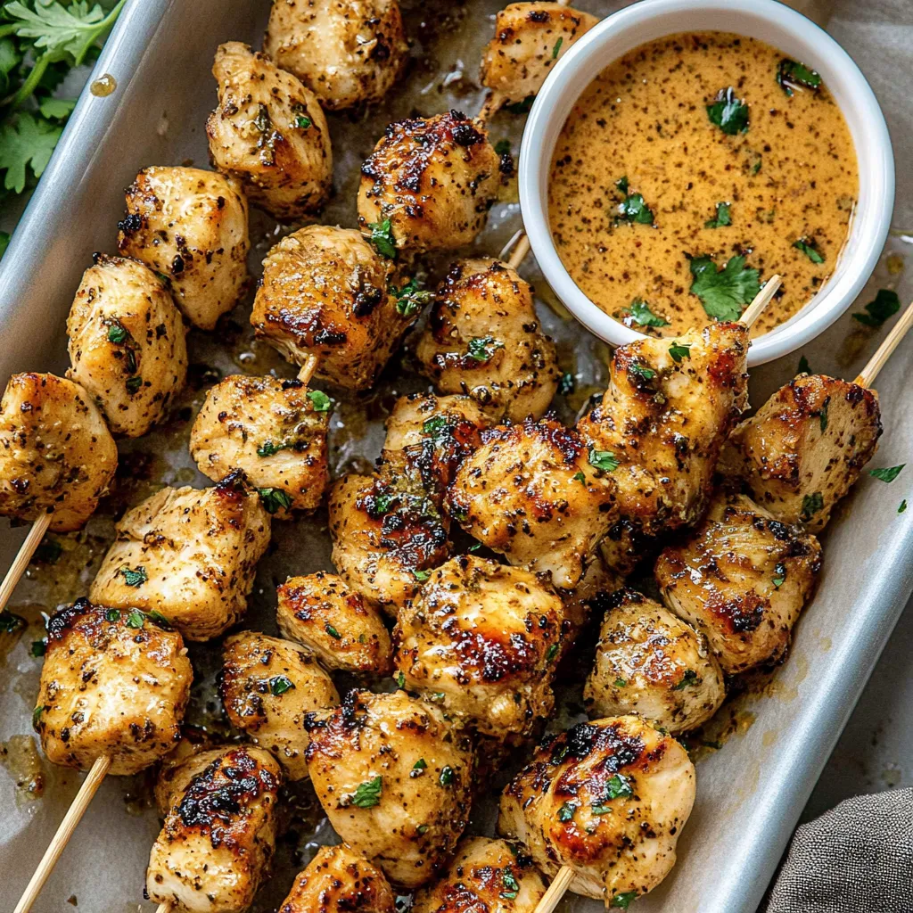 A tray of chicken skewers with a dipping sauce.