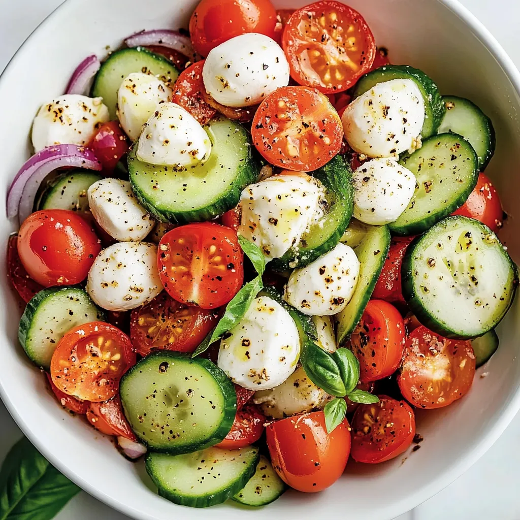 A bowl of vegetables including tomatoes, cucumbers, and cheese.