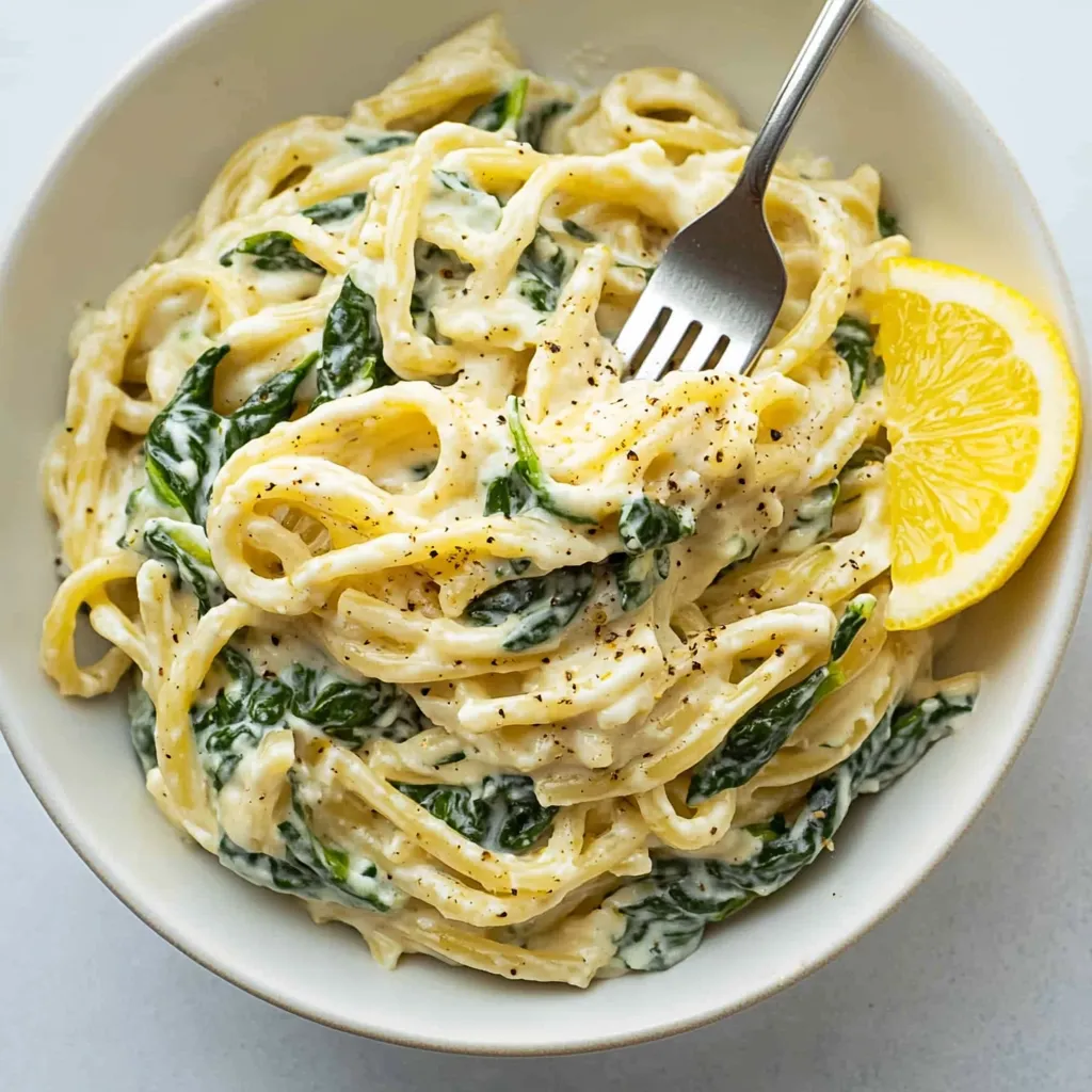 A bowl of pasta with a fork and a lemon wedge on top.
