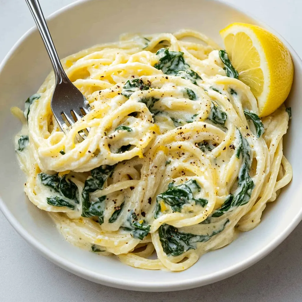 A bowl of pasta with spinach and lemon.