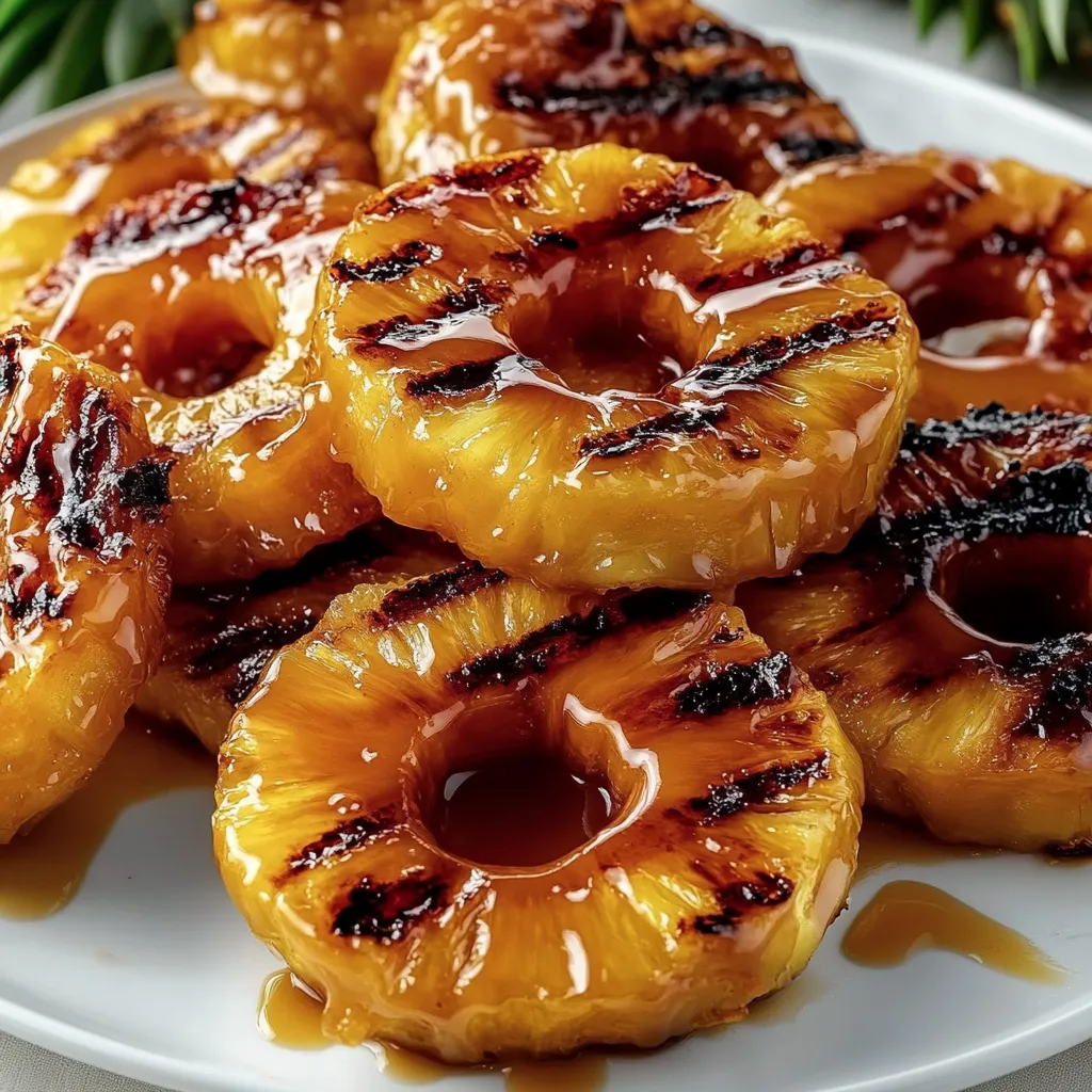 A plate of pineapple slices with a syrup drizzle.