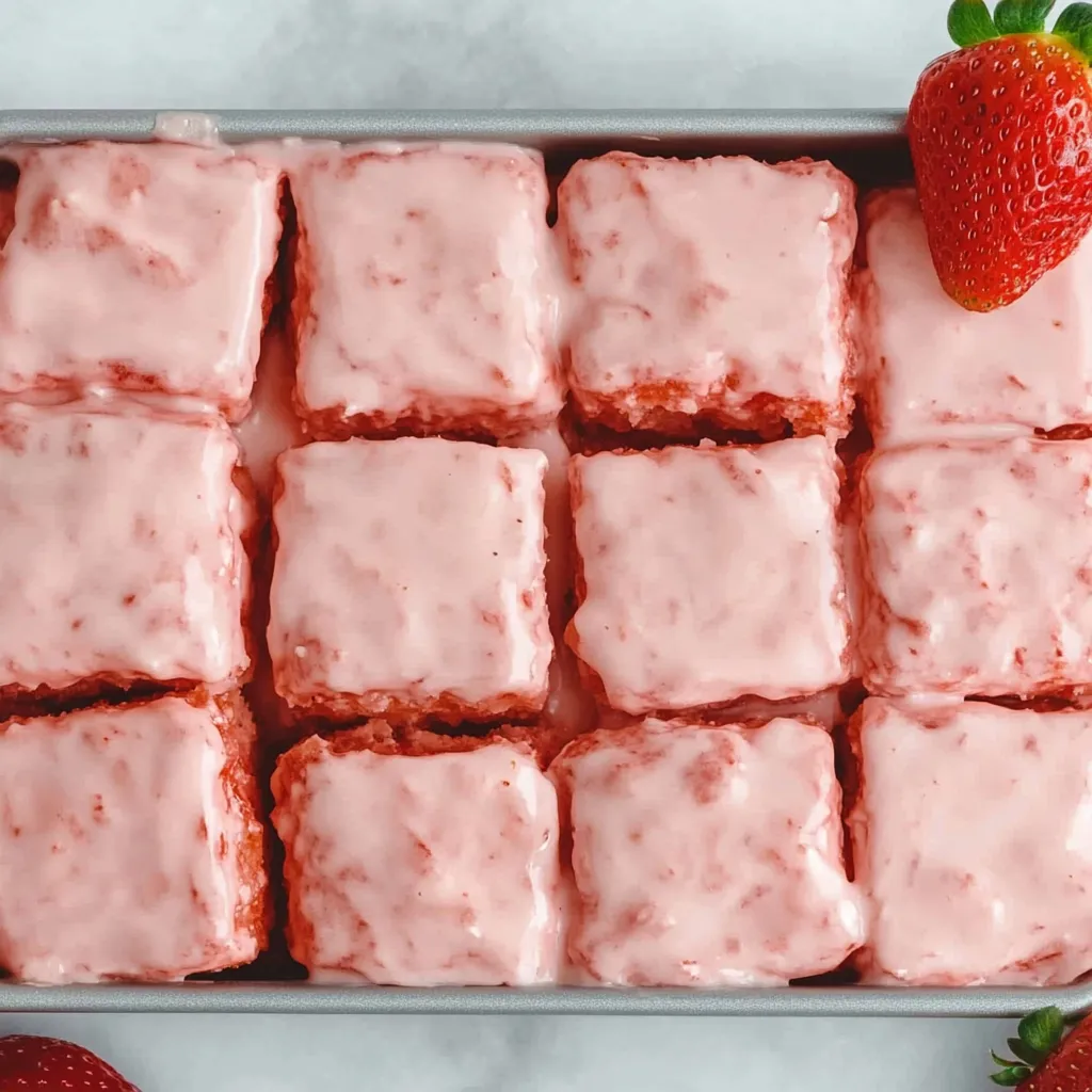 A pan of pink cake with strawberries on top.